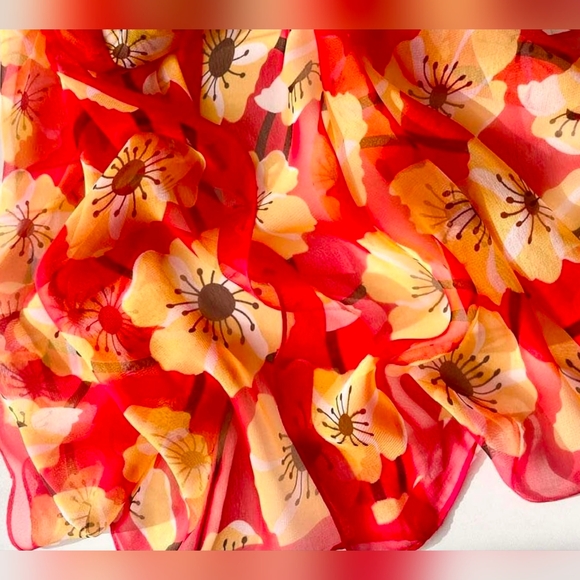 NWT Vibrant Red & Yellow Floral Chiffon Scarf Shawl 63" × 20" - Picture 2 of 6